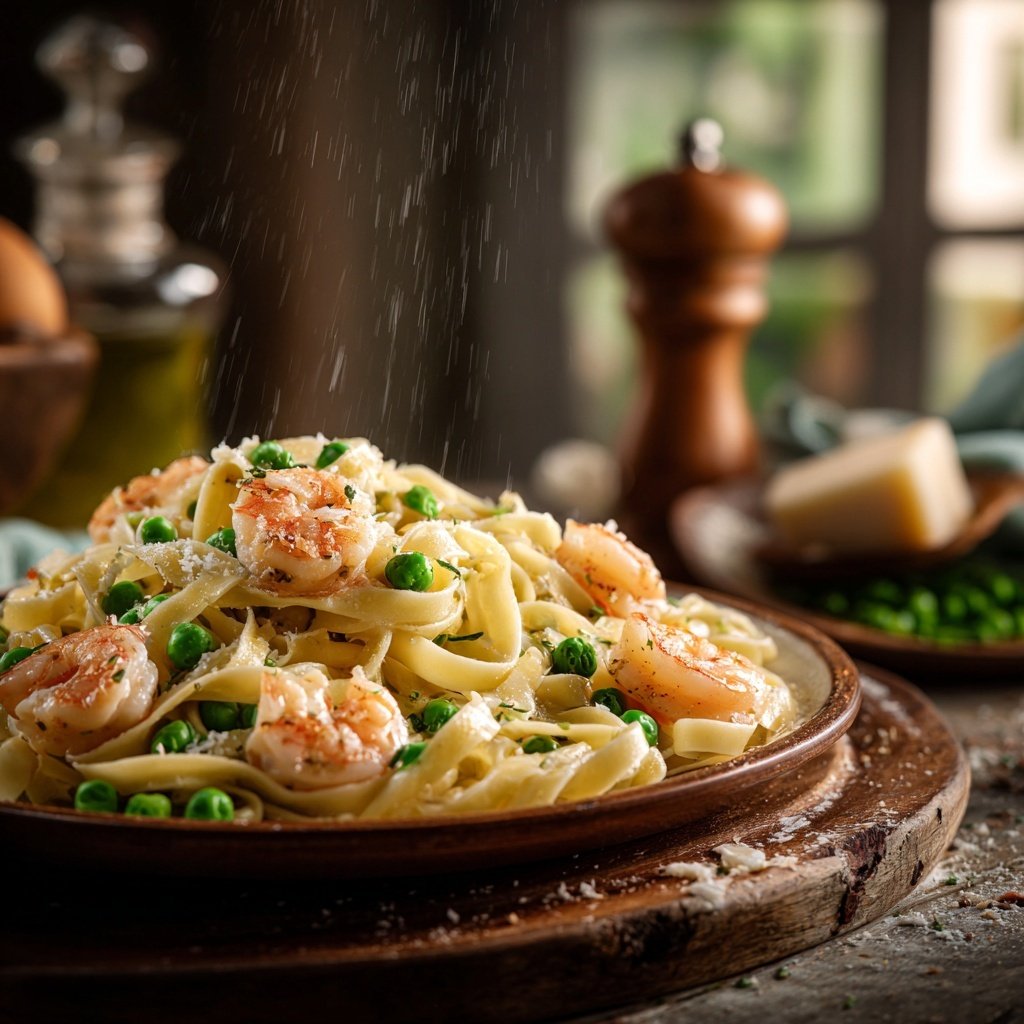 Shrimp, Peas, and Fettuccine